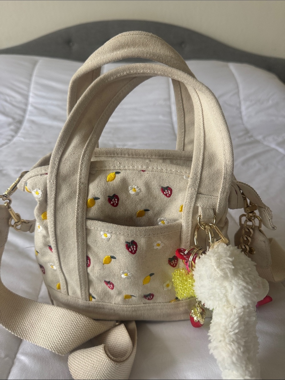 Madden Girl Cream Canvas Mini Tote Bag with Strawberry & Lemon Print